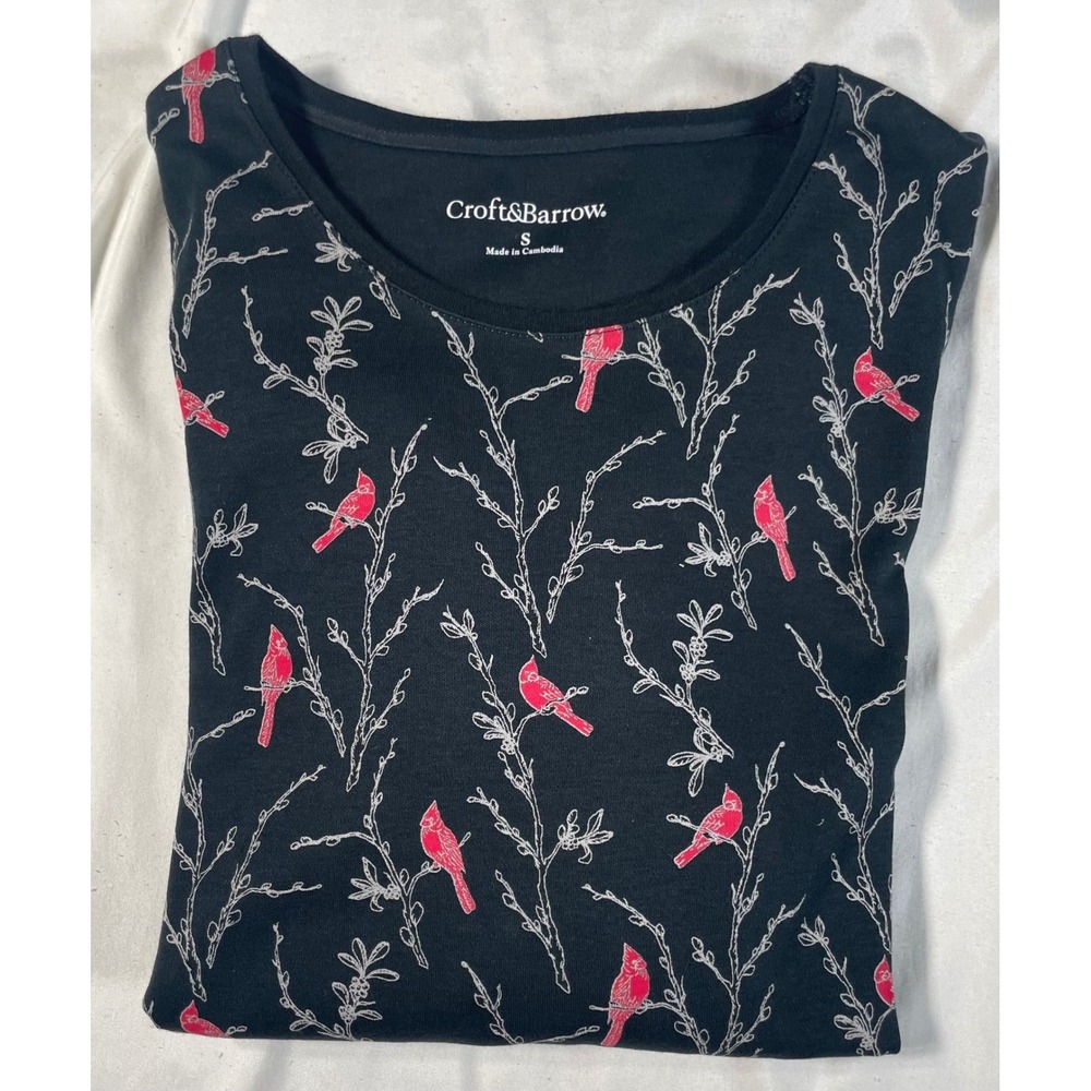 Croft & Barrow Womens S Black Red Cardinal Bird Print Cotton Long Sleeve NWOT